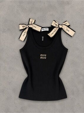 Miu Miu Black Ribbed Tank with Beige Logo Ribbon Shoulder Ties